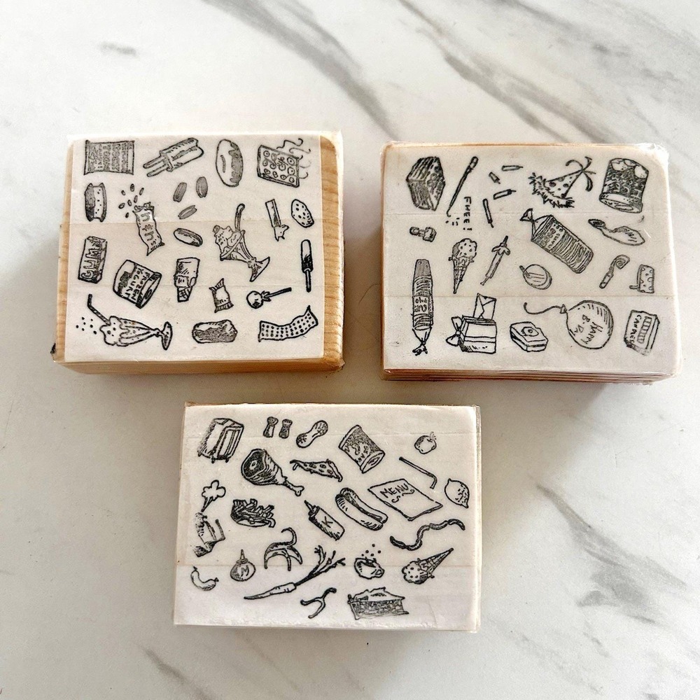 Lot of 3 Wooden Rubber Stamps Multi Items Foods Ice Cream Happy Birthday FFF-#2